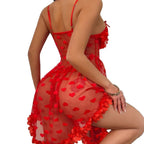 Chemise Lingerie En Maille Avec Coeur Rouge Sexy Pour Femmes Tenue Intime Transparence Élégante Vêtement De Nuit Tendance