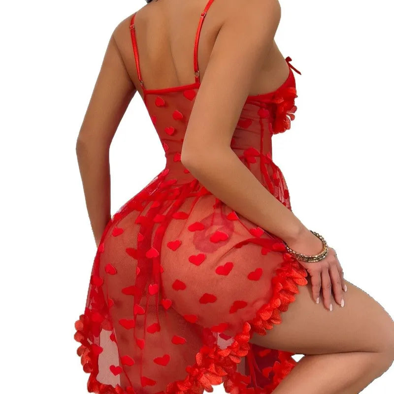 Chemise Lingerie En Maille Avec Coeur Rouge Sexy Pour Femmes Tenue Intime Transparence Élégante Vêtement De Nuit Tendance