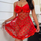 Chemise Lingerie En Maille Avec Coeur Rouge Sexy Pour Femmes Tenue Intime Transparence Élégante Vêtement De Nuit Tendance