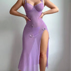 Sexy Perspective Maille Tentation Dentelle Dos Nu Haute Split Multicolore Sexy Sling Robe