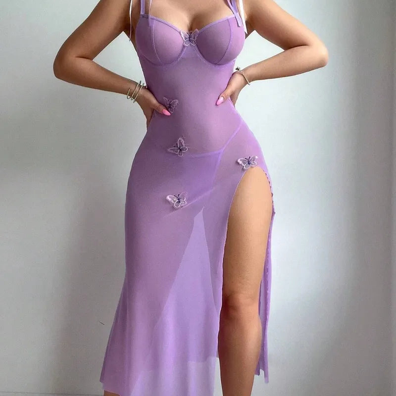 Sexy Perspective Maille Tentation Dentelle Dos Nu Haute Split Multicolore Sexy Sling Robe