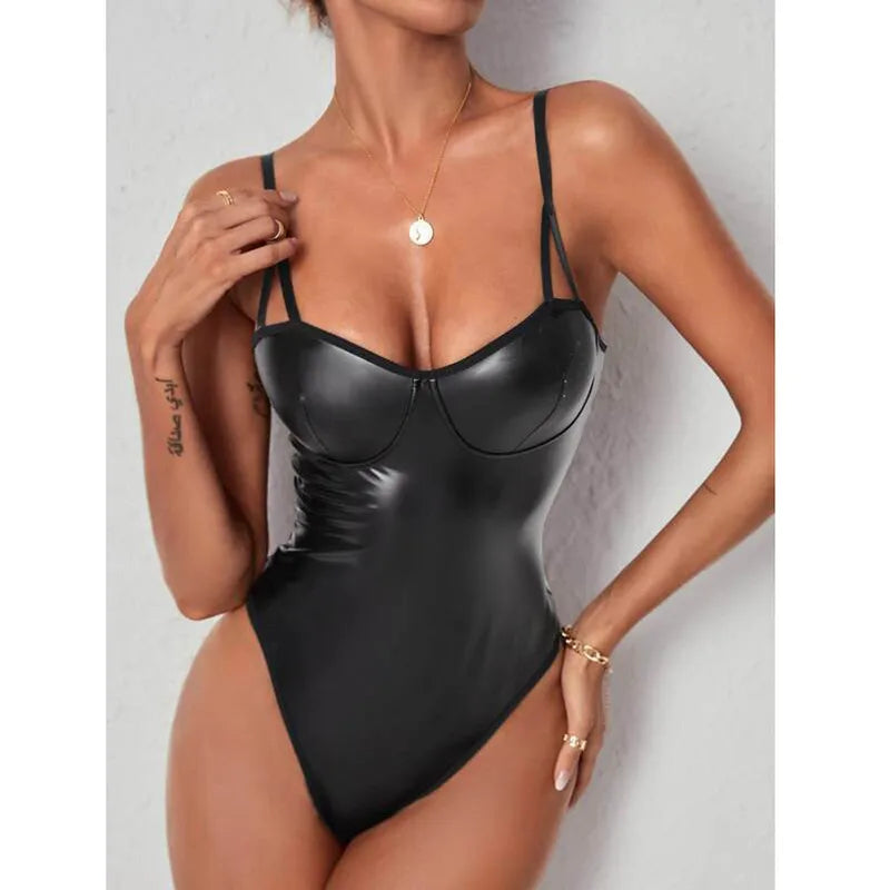 Femmes Couleur Unie en cuire Combinaison Lingerie Sexy