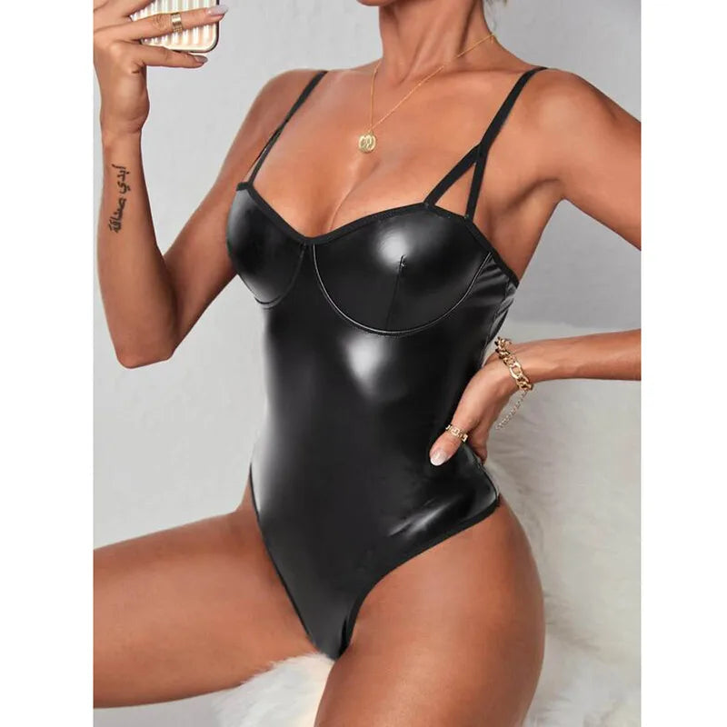 Femmes Couleur Unie en cuire Combinaison Lingerie Sexy
