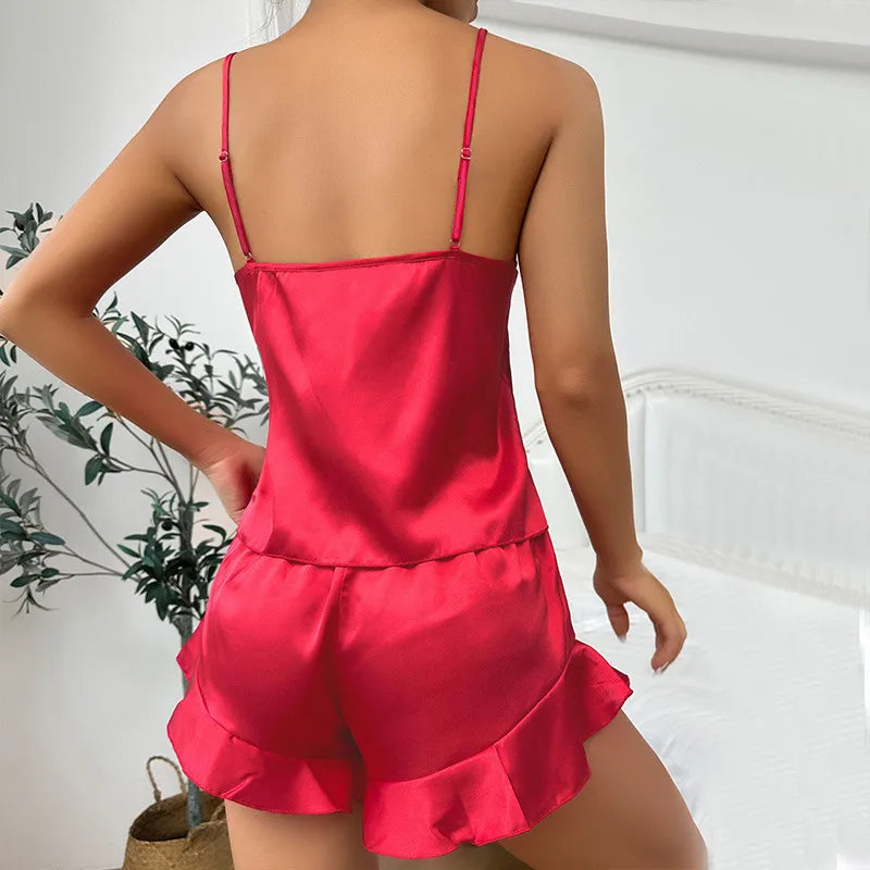 Pyjama En Soie De Glace Transfrontalière Shorts À Bretelles Pour Femmes Chemise De Nuit Trois Pièces D'été Confortable Vêtements D'ext