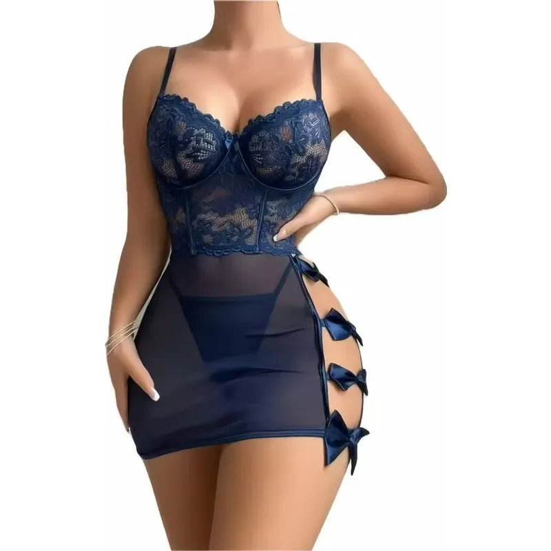 Sexy Dentelle Lingerie Costume En Acier Anneau Rassemblement Sling Perspective Maille Robe
